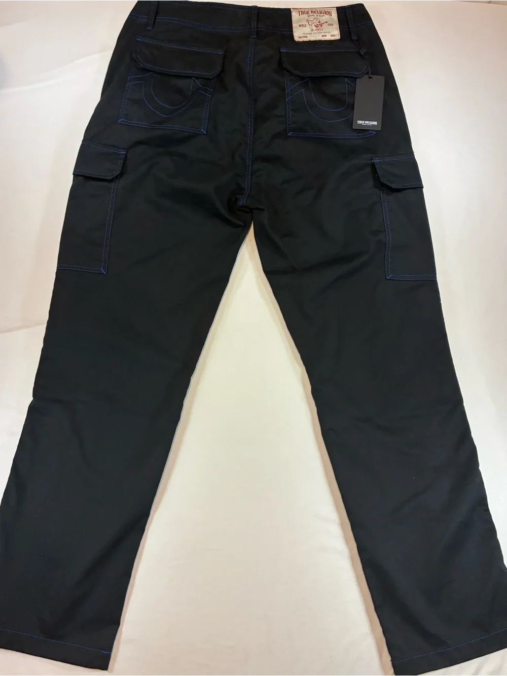 True Religion Black Cargo Pants with Blue Contrast Stitching